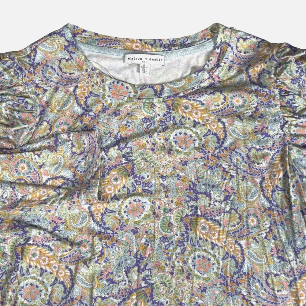 Maison d'Amelie Paris Womens L Paisley Ruched Puff Shoulder Long Sleeve Top